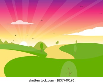 the beautiful sunrise landscape on green hill vector
