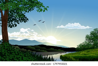 Beautiful sunrise landscape at river