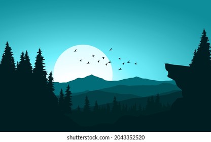 Beautiful sunrise in mountain forest with birds