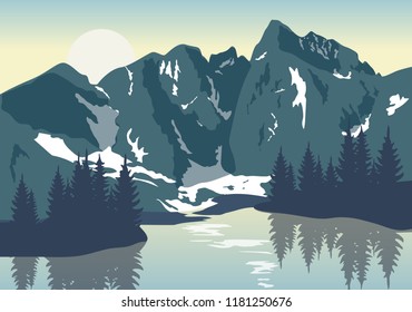 Beautiful sunrise at mountain lake. Vector landscape with pine trees, water and rocky mountains. French Pyrenees.