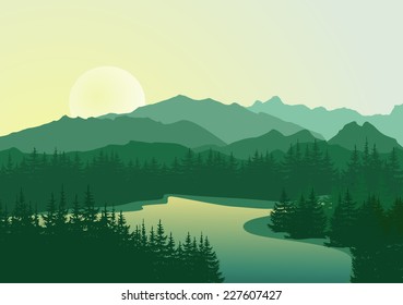 Beautiful Sunrise At Mountain Lake. Vector Landscape.