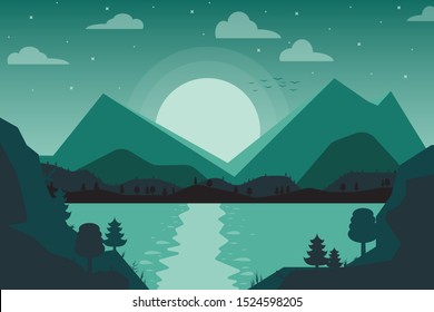 Beautiful sunrise at the mountains. Green landscape reflected at the lake. Nature background. Vector illustration.
