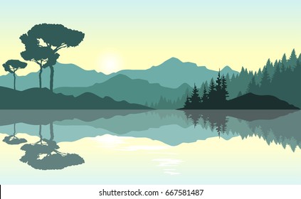 Beautiful sunrise at the mountains. Green landscape reflected at the lake. Nature background. Vector illustration.