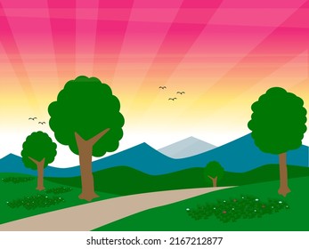 Beautiful sunrise on mountains sunlight on sky green hill with trees vector design