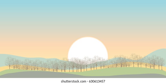 Beautiful sunrise over fields, vector nature landscape illustration