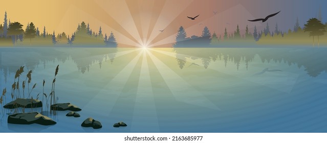 Beautiful sunrise over the lake.  Gorgeous landscape with calm pond and reflection with forest, flying birds, big stones and reeds.