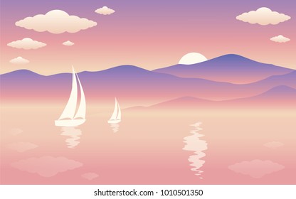 beautiful sunrise over the sea landscape against the backdrop of the mountains