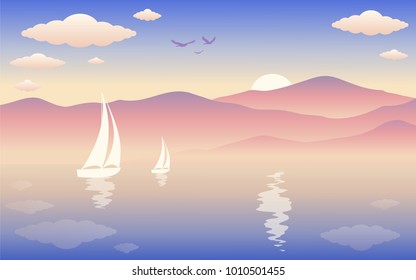 beautiful sunrise over the sea landscape against the backdrop of the mountains