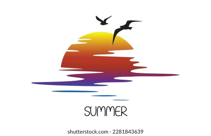 Beautiful sunrise with seagulls. Simple flat vector logo.