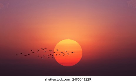 Hermoso amanecer o atardecer con enorme sol y pájaros voladores. Sol poniéndose sobre el horizonte. Simple idílico ambiente romántico cálido fondo suave en estilo minimalista. Ilustración vectorial realista