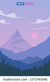 Beautiful sunrise or sunset snow winter mountain landscape with moon or sun. Vector concept for weather app. Nature scenery background vector illustration