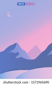 Beautiful sunrise or sunset snow winter mountain landscape with moon or sun. Vector concept for weather app. Nature scenery background vector illustration
