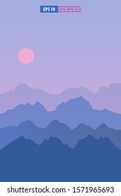 Beautiful sunrise or sunset snow winter mountain landscape with moon or sun. Vector concept for weather app. Nature scenery background vector illustration