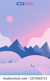 Beautiful sunrise or sunset snow winter mountain landscape with moon or sun. Vector concept for weather app. Nature scenery background vector illustration