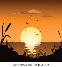 Hermosa Ilustración vectorial con vista al amanecer