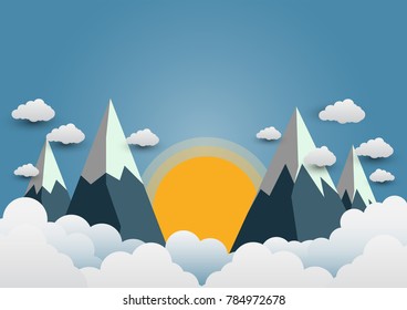 Beautiful suns and mountains with a variety of clouds.paper art