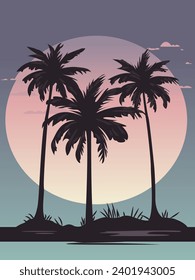 Beautiful sunset, with 3 palm trees or coconuts looking like silhouettes close to a big sun, Beach Background. Design for Poster, Banner, Card, Cover.