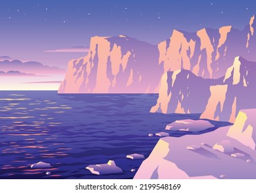 Beautiful Sunset Arctic Or Antartic Iceberg Landscape Illustration