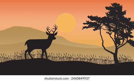 Beautiful sunset background with deer silhouettes