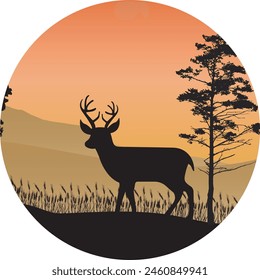 Beautiful sunset background with deer silhouettes