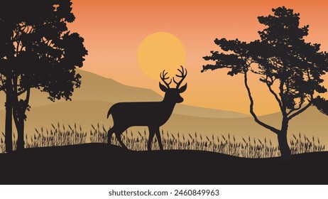 Hermoso fondo de puesta de sol con siluetas de ciervo