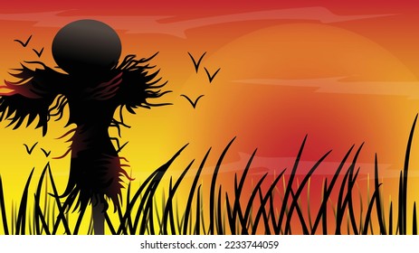 beautiful sunset background landscape with grass and scarecrow vector illustration. 