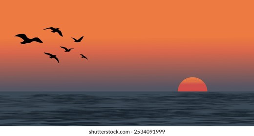 Fundo de pôr do sol bonito com gaivotas voando sobre o oceano