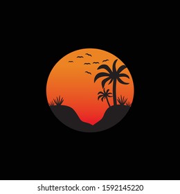 beautiful sunset in the bay between  palm tree template logo design ilustration vector