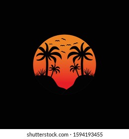 Beautiful sunset in the bay between  palm tree template logo design ilustration vector
