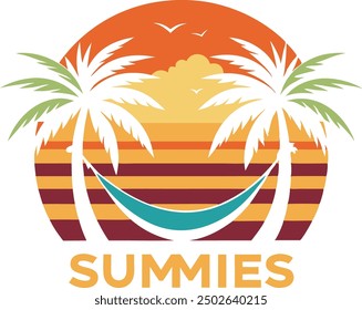 beautiful sunset in the bay between two palm coconut tree vector logo design,  Sunset, sea beach and sun, ocean sunrise, palms