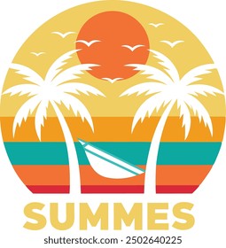beautiful sunset in the bay between two palm coconut tree vector logo design,  Sunset, sea beach and sun, ocean sunrise, palms