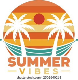 beautiful sunset in the bay between two palm coconut tree vector logo design,  Sunset, sea beach and sun, ocean sunrise, palms