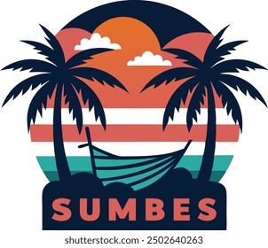 Hermosa puesta de sol en la bahía entre dos diseño de logotipo de Vector de palmeras de coco, puesta de sol, playa de mar y sol, salida del sol del océano, palmeras