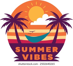 beautiful sunset in the bay between two palm coconut tree vector logo design,  Sunset, sea beach and sun, ocean sunrise, palms