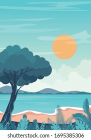Hermosa puesta de sol en la playa. paisaje forestal con mar. Orientación vertical Fondo natural. Ilustración vectorial.