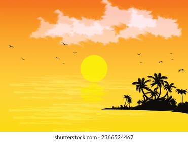 beautiful sunset beach illustration background, orange, view, horizon, landscape