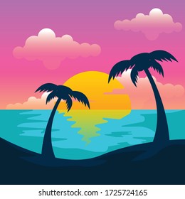 Beautiful sunset beach landscape with cloud and palm trees, vector illustration 