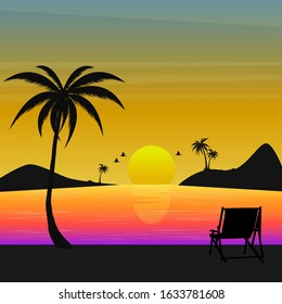 beautiful sunset beach with mountain and palm trees