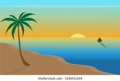 beautiful sunset beach with mountain and palm tree blue water view