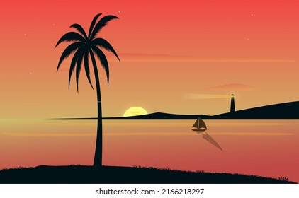 Beautiful sunset beach palm tree boat with hill lighthouse vector