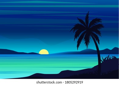 beautiful sunset beach with palm trees vector