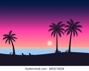 beautiful sunset beach with palm trees vector