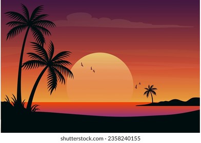 Hermosa puesta de sol palmeras pájaros nubes vistas al mar