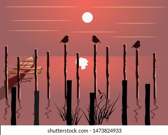 beautiful sunset beach scenery flat design background, vector illustration