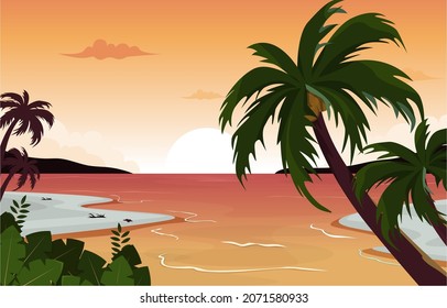 Beautiful Sunset Beach Sea Vacation Holiday Tropical Vector Illustration