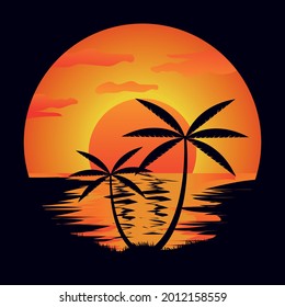 Hermosa puesta de sol en la playa en el vector de ilustración de verano