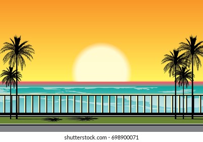 Beautiful sunset at the beach. vector illustration of setting sun at the seafront with palms and parapet