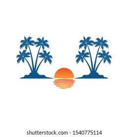 beautiful sunset between two coconut tree island with the shadow on the sea summer beach theme vector logo design template