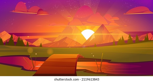 Schöne Naturlandschaft mit Sonnenuntergang, Holzbrücke über den Fluss, grünes Feld mit Gras und Felsen unter lebendigem Himmel mit Sonne gehen die Felsen hinunter. Landschaftshintergrund, Vektorgrafik