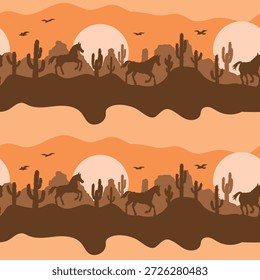 A beautiful sunset creates an orange glow over a desert landscape. Silhouettes of horses trot among cacti with mountains in the background and birds in the sky.